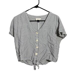 Universal Thread Button Down Women Navy White Striped Tie Front Top